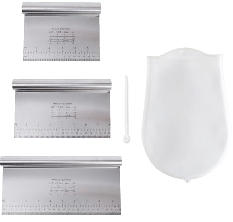 Set of 3 Stainless Steel Dough Scrapers with Silicone Kneading Bag, 15/20/25 cm Multi-Purpose Stainless Steel Dough Card, Dough Cutter with Measuring Scale, Kneading Bag with Hanging Hole, for Pizza