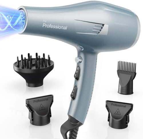 Secador de pelo profesional iones, Hair Dryer iónico con 1 difusor, 2 boquillas de peinado, 3 temperaturas, aire frío y caliente, secado rápido para todo tipo de cabello (Azul Claro)