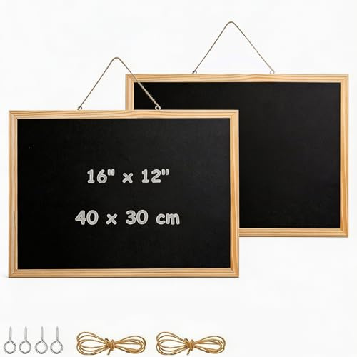 Pizarra de tiza A3 con marco de madera, lavable, con clavos de oveja y cuerda de cáñamo para colgar, como pizarra para oficina, cocina, escuela, bar, hogar y bodas rústicas, 30 x 40 cm, color negro