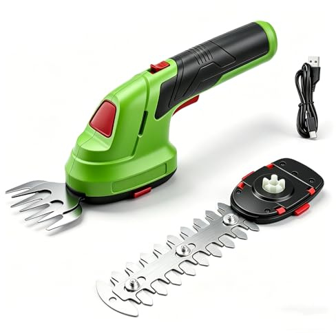 Akku Gras- und Strauchschere, kabellose handliche Grasscheren, 2000mAh, 2 Verschiedene Messer, Grasmesser 8,4 cm, Strauchtrimme 12 cm, mit Akku und Ladekabel
