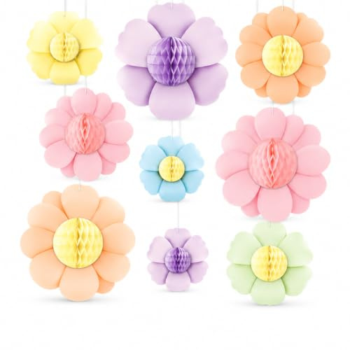 Goiern 9 Piezas de Flores de Papel de Nido de Abeja para Colgar, Colorida decoración Floral de Primavera para cumpleaños Infantiles, Fiestas en el jardín, Fiestas, Bodas y Decoraciones Festivas