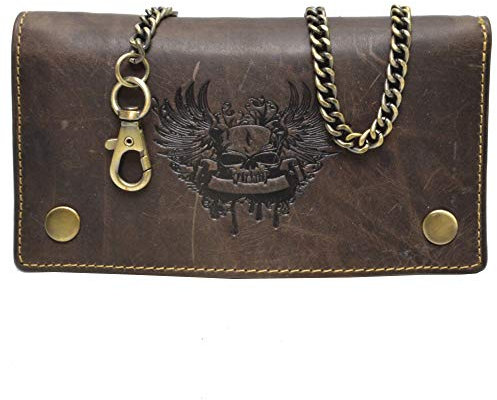 flevado Wild Büffel Leder Geldbörse Scull Totenkopf Biker Wildleder Brieftasche mit Kette RFID/NFC Schutz (Dunkelbraun)