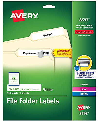 Avery File Folder Labels with TrueBlock Technology, Permanent Adhesive, 2/3 x 3-7/16, Laser/Inkjet, 150 Labels (08593)