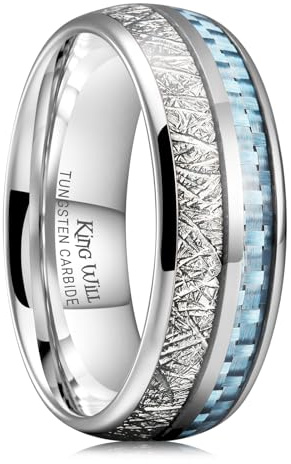 King Will 8mm Tungsten Rings for Men Imitated Meteorite Carbon Fiber Inlay Mens Silver Wedding Band Engagement Promise Ring Polished Domed Style Comfort Fit, Light Blue Size 10