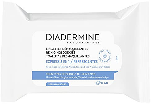 Diadermine - Lingettes Démaquillantes Visage, Yeux et Lèvres - Express 3 en 1 - Tous Types de Peaux - Nettoyant Visage - Haute Tolérance - Paquet de 40 Pièces en fibres d'orgine naturelle