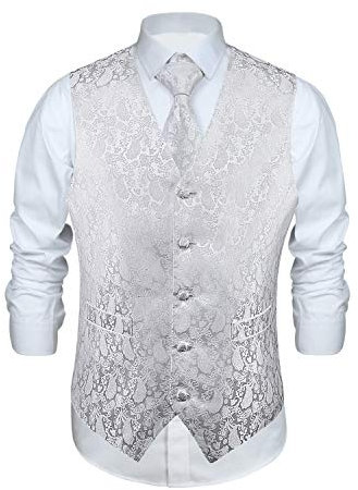ENLISION Herren Paisley Weste Krawatte Einstecktuch Taschentuch Jacquard Weste Anzug Set, Weiß, Gr.- 2XL(Chest size 51')