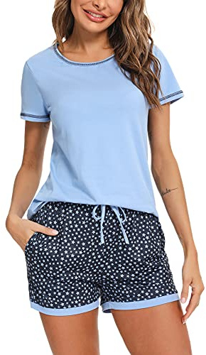 Litherday Women's Pyjamas Set Short Sleeve Pjs Cotton Printed Loungewear Soft Nightwear Sleepwear Lightweight with Pockets(Blue,L