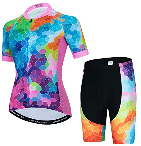 Women Cycling Jersey Set, Bicycle Short Sleeve with 5D Padded Shorts Mountain Bike Shirt for Ladies Biking Tops 3-Pockets S-3XL