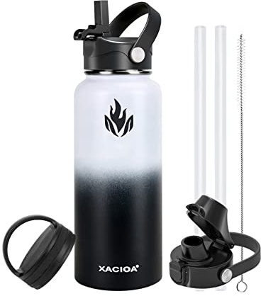 XACIOA Water Bottle Vacuum Insulated 32oz 40oz with Straw Lid,Stainless Steel Drink Flask with Flip Top Bottle Lid,Metal Wide Mouth Double Walled Leak Proof Keeps Hot Cold (White/Black, 32oz)