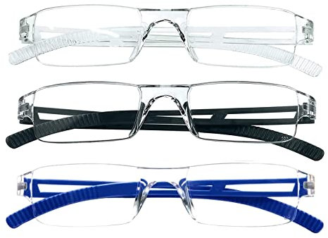 KoKoBin 3 Pack Blue Light Blocking Lightweight Reading Glasses for Mens Womens Rimless Rectangle Readers (Black+Blue+Clear, 2.00)
