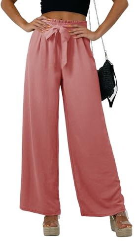 Feiersi Women Casual Wide Leg Pants High Waisted Business Work Casual Pants Loose Flowy Beach Palazzo Pants(Rose Red,XX-Large)