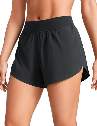CRZ YOGA Damen Mid Waist Running Shorts Seitliche Splits Sport Workout Kurze Hose Leichte Atmungsaktive Sporthose Laufhose Schwarz 40