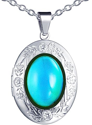MicVivien Acier Inoxydable Collier avec Pendentif Médaillon Ovale, Changement de Couleur Selon la Température, Vintage Chaîne Pendentif Photo Bijoux Cadeaux pour Les Femmes Filles