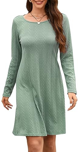 STYLEWORD Vestido de suéter para Mujer Manga Larga Cuello Redondo Vestidos de Camiseta Vestido de Punto Vestido de túnica Informal(Verde Claro,XL)