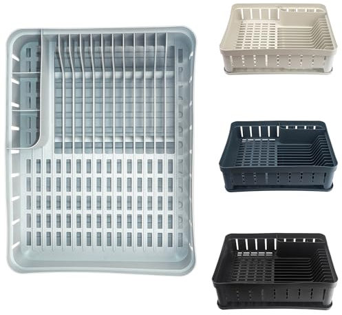 KADAX Égouttoir à vaisselle rectangulaire avec porte-couverts, égouttoir à vaisselle avec bac d'égouttement, égouttoir pour cuisine, gris clair