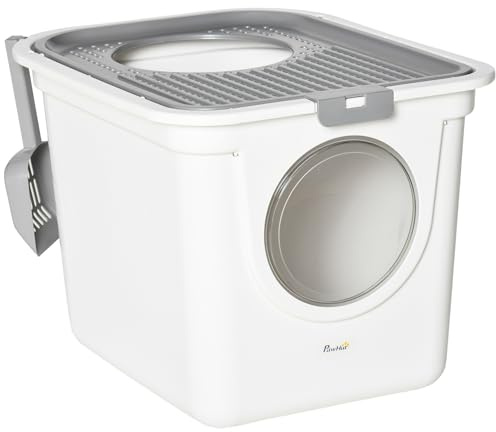 PawHut Maison de Toilette Bac à litière pour Chat Double Porte battante et supérieure, Pelle fourni, 44L x 55l x 39H cm, Blanc