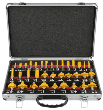 Hoteche 35-teiliges Oberfräser Set, Schaft 12mm, Legierter Stahl, für Holzfräser in Industrie-Qualität für hartes und weiches Holz, mit 1 Flachschneide