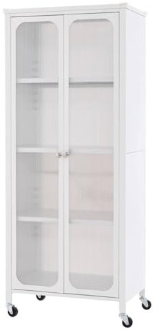 COSTWAY Mobile Storage Cabinet, Kitchen Pantry Cupboard with Translucent Doors, 7-Position Adjustable Shelves & Casters, Metal Frame Sideboard Organizer for Home Office Dining Room (60 x 36 x 147cm)