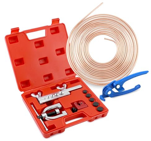 QWORK® Bördelgeräte für bremsleitungen, universal Flaring Tool kit für hydraulische bremssysteme, 7.62m kupferlegierung bremsleitung, mehrgrößenadapter +Blauer rohrbieger