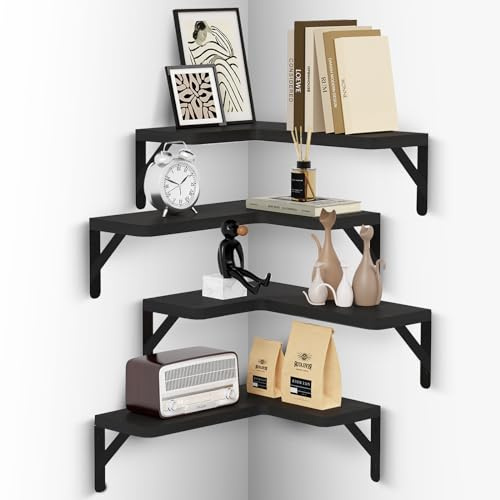 Muzilife Corner Floating Shelves Wooden Floating Shelve Set of 4, Wall Mounted for Storage, L-Shaped Shelves for Wall Decor Organizer for Bedroom, Bathroom, Kitchen, Living Room and Office, Black