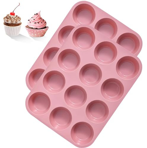 Leseed 2 Pezzi Teglia Muffin - Stampo Muffin Silicone per 12 Muffin, Senza BPA, Sicuro e Antiaderente, Facile da Rimuovere Dallo Stampo - Riutilizzabili Muffin Stampo, Lavabile in Lavastoviglie (Rosa)