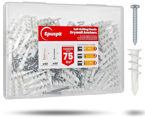 Spuspk #8 Self Drilling Drywall Anchors,120 Pcs Wall Anchors and Screws for Drywall, 60 Self-Tapping/Threaded Plastic Sheetrock Anchors + 60#8 x 1-1/4'' Screws, 75LB Hanging and Mounting