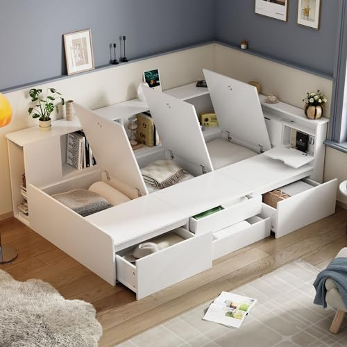 Rtopsu Letto Singolo 90x200 cm con Contenitore Cassetti e Libreria, Letto Multifunzionale per Bambini con Vano Portaoggetti e Rete a Doghe in Legno, Rete con 3 Contenitore, Bianco, Senza Materasso