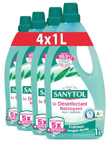 Sanytol - Désinfectant Nettoyant Multi-Surfaces - Parfum Eucalyptus – 1L - Lot de 4 - Sans Javel, Air Label Score A+ - Nouvelle formule 5X plus nettoyante – Fraîcheur longue durée