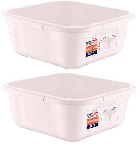 Best House | Plastic Washing up Bowl Basin | 3 Litres | Small Square | WHITE | 2 pcs | Multipurpose Bath Tub/Washing Tub for Kitchen, Bathroom, and Household Use (Pack of 2)