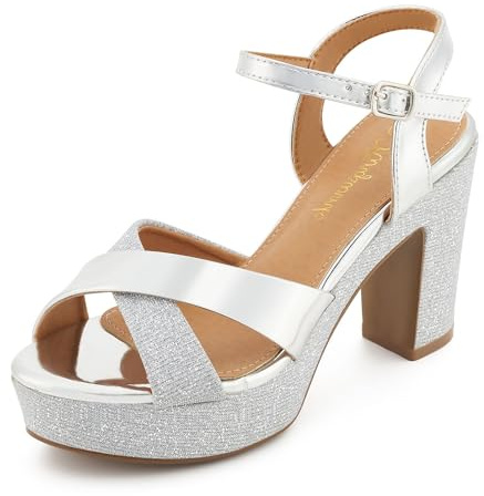 hingswink Sandali da donna con plateau scintillanti, tacco a blocco, tacco alto 9,6 cm, punta aperta con cinturino, comodi, sexy, eleganti, per balli, matrimoni, feste, serate, Argento, 37 EU