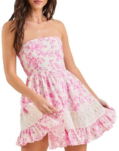 Women's Floral Tube Top Dress Casual Summer Strapless Mini Dresses Lace Patchwork Cute Ruffled Flowy Short Sundress (Pink, L)