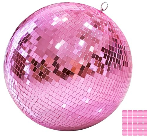 12 Mirror Disco Ball with Hanging Ring, 12 Inch Pink Disco Ball Decor with 20pcs Replacement Mirror for DJ Club, Party, Wedding, Home Decor, Live Stage for Easy Installation, Disco Ball Mirror Ball