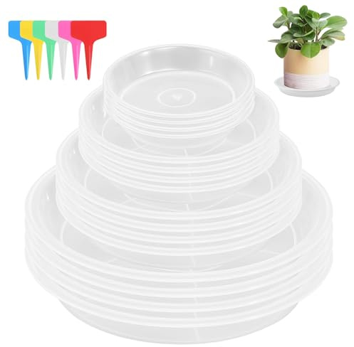 HFDONGL Plant Pot Saucers 16 Pieces Plant Saucers Plastic Thicker Plant Trays with 18 Pieces Label Round Plant Pot Trays for Indoor and Outdoor Plants (12/16/18/21cm, Transparent)