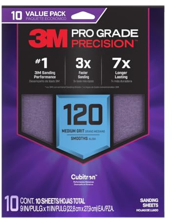 3M Pro Grade Precision Sanding Sheets with No-Slip Grip, 9 x 11 in, 120 Grit, 10-Pack (SHR120-PGP-10T)
