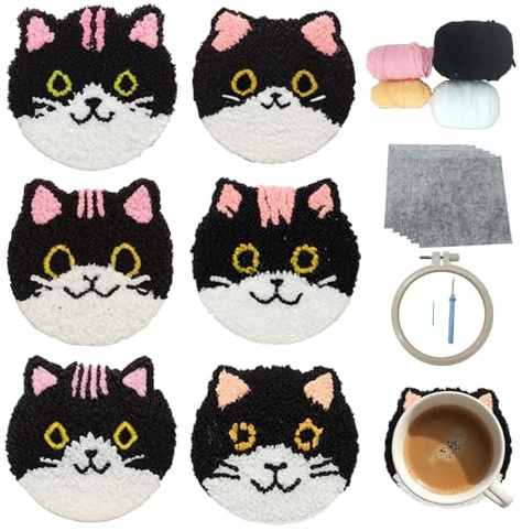 cukol cukol Kit de agujas de perforación para posavasos, juego de 6 juegos de bricolaje con temática de gato animal para principiantes, guía paso a paso para hacer posavasos para adultos o niños, con