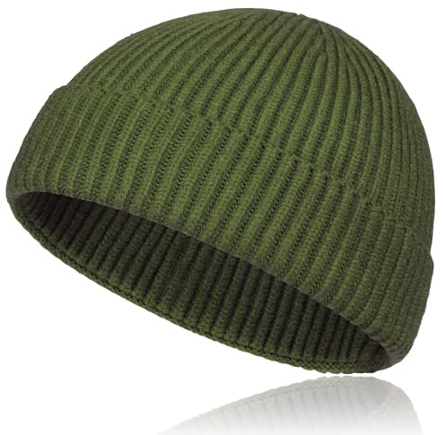 Tsknomo - Gorro de pesca corto de lana para hombre y mujer, gorro de punto con solapas, gorro de invierno cálido, unisex, estilo Trawler, verde militar, Talla única