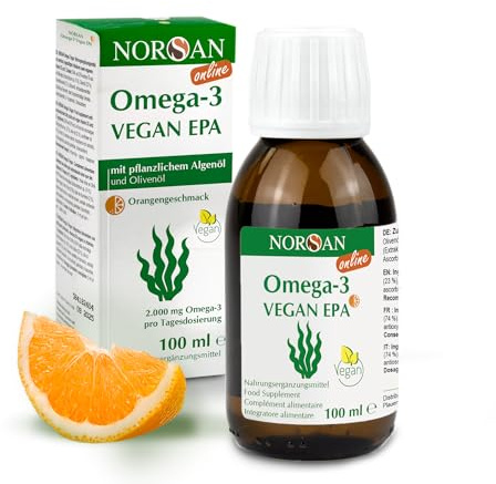 NORSAN Omega-3 Vegan EPA - 100 ml Algenöl - 1.104 mg EPA pro Tagesdosis - 2.000 mg hochwertiges Omega-3 - mit Vitamin D3 & polyphenolreichem Olivenöl