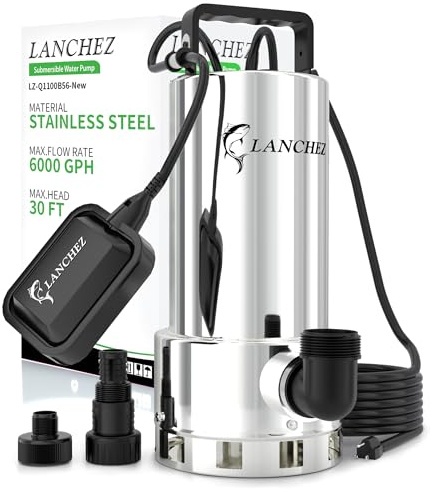 LANCHEZ 1.6HP 6000GPH Sump Pump, Stainless Steel High Flow Submersible Water Pump with Float Switch, Automatic Transfer Water Pump for Swimming Pool Basement Flooded Pit Sewage Sink Tub, Silver