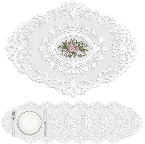 Privalace Ovalados Blanco Manteles Individuales de Encaje Retro 6 Piezas,Mantel de Encaje con Bordado Floral Salvamanteles Individuales para Mesa Boda El Hogar Decor