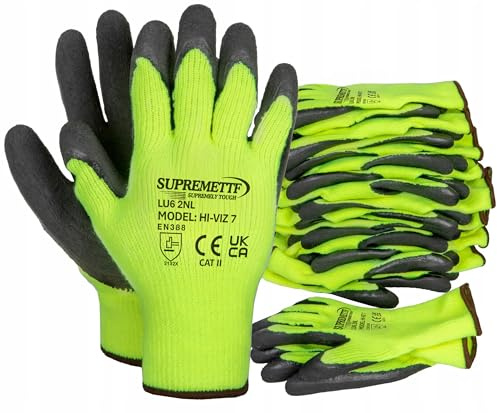 6 Pairs New HI VIZ Thermal Winter Latex Rubber Work Gloves Builders Gardening (XL)