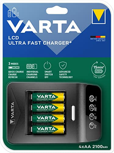 VARTA Akku Ladegerät, inkl. 4x AA 2100mAh, Batterieladegerät für wiederaufladbare AA/AAA, LCD Ultra Fast Charger+, Einzelschachtladung, 3 Modi: Schnellladen, Laden, Auffrischen, inkl. 12V Adapter