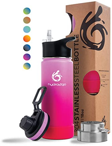 hydro2go Edelstahl Trinkflasche – BPA-freie Isolierflasche für Kinder, Schule, Sport & Outdoor – Hält Getränke bis zu 12H heiß und bis zu 24H kalt – Inklusive 3 Trinkverschlüsse – 530ml (Bloom)