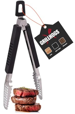 GRILLHOGS 9 Long Stainless Steel BBQ Grill Tongs with Soft Grip Handle - 1 Pair, Black