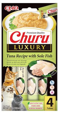 INABA Churu Luxury kattgodis med högkvalitativa ingredienser, rik på fukt och protein med lågt kaloriinnehåll – utan spannmål eller socker 4 x 14 g