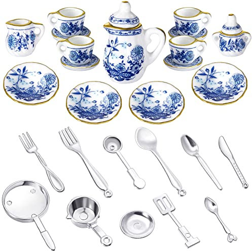 15 Stück 1:12 Porzellan Küche Puppenhaus Zubehör Miniatur Teeservice Set mit 11 Stück Puppenhaus Gabel Löffel Mini Geschirr Besteck Simulation Möbel für Puppen (Blumen Stil)
