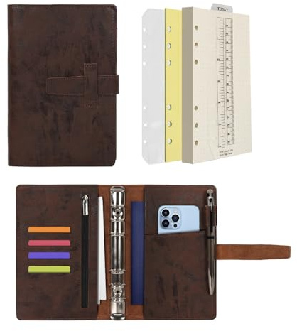 Wonderpool A6 Carpeta de Cuero 6 Anillas Papel Punteado Organizador Recargable Cuaderno de Escritura y Funda con Múltiples Bolsillos Para Viajes de Estudio de Negocios (A6, Café)
