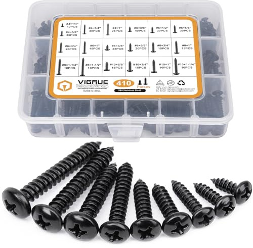 VIGRUE 410Pcs Stainless Steel Black Wood Screws Set #4#6#8#10 Phillips Pan Head Sheet Metal Screws Self Tapping Wood Screws Assortment Kit, Length 1/4 to 1-1/2