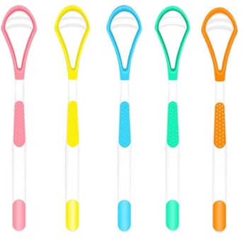 Spazzolino Lingua, 5 pezzi 2 in 1 per la pulizia della lingua, Puliscilingua Antimicrobico Riutilizzabile Raschietto Linguale per lingua riutilizzabile per bambini adulti