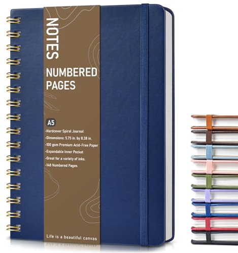 Lined Spiral Journal Notebook, A5 Hardcover Spiral Journals for Women Men, 150 Numbered Pages Spiral Bound Notebook, 100 GSM College Ruled Notebooks for Writing Note Taking 5.75 x 8.38, Navy Blue
