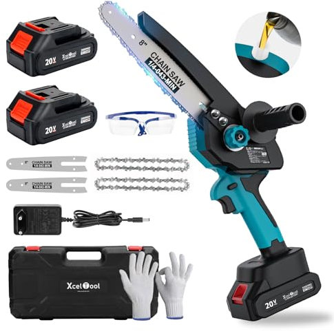 Mini motosierra sin cordón de 8 pulgadas con 2 baterías de 1,5 Ah, motosierra eléctrica de mano con cerradura de seguridad, cadena pequeña de 21 V para ramas de árboles, patio, casa y jardín